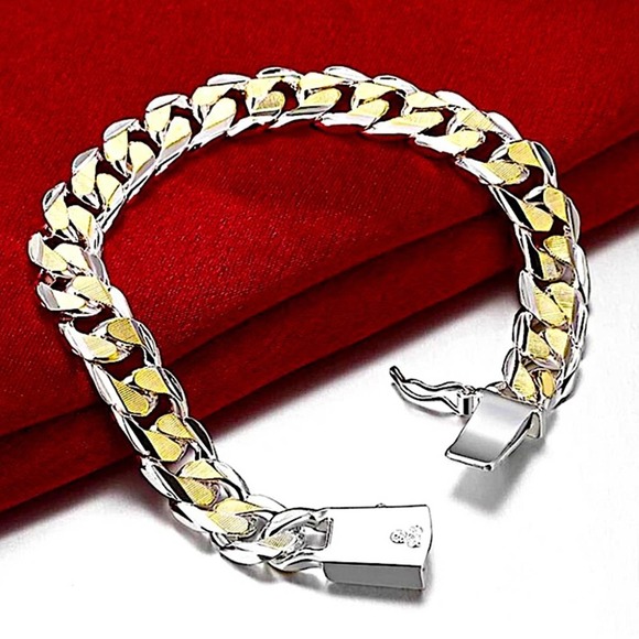Cuban Chain Link Sterling Silver Gold Two Tone Silver Unisex Bracelet - Picture 1 of 5